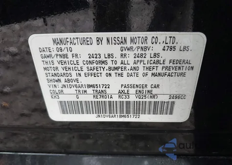 2011 Infiniti G25X z USA, uszkodzony, nr VIN JN1DV6AR1BM651722